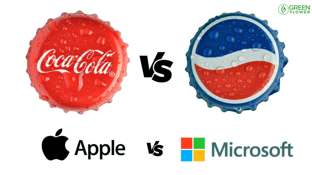 coke next to pepsi bottle cap, apple and microsoft logos