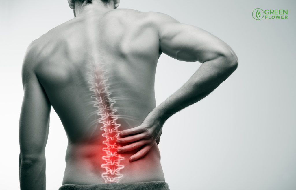 man with lower back pain shown in red on his spine before use of pain patch