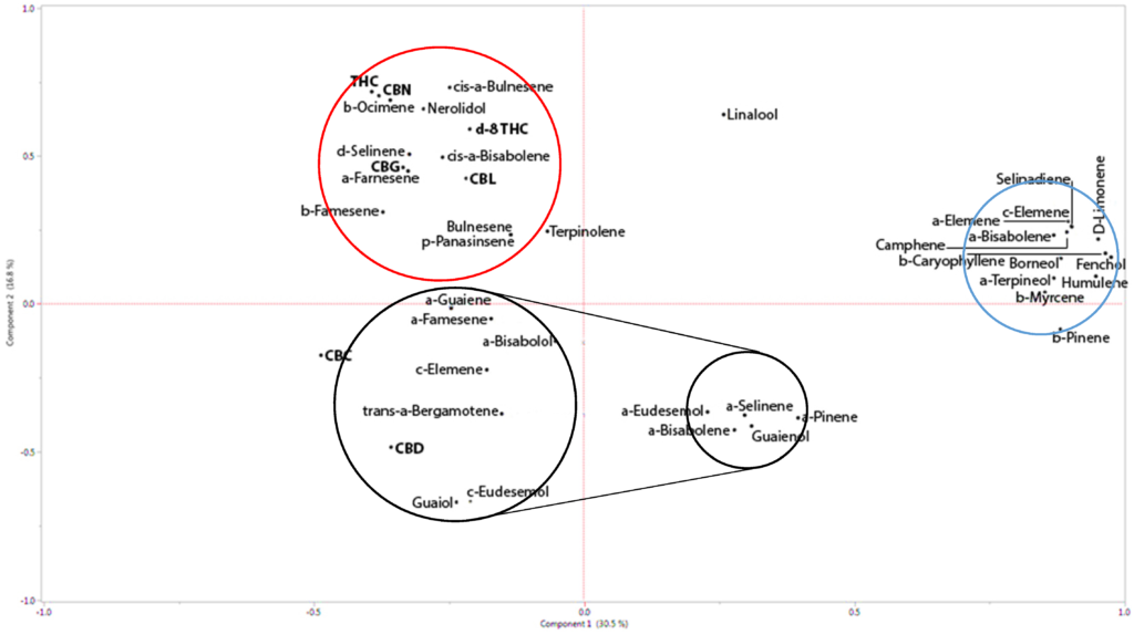 Principal Components Analysis (PCA) with phytocannabinoid–phytocannabinoid and phytocannabinoid–terpenoid correlations calculated for THCA and CBDA affinity